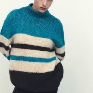 Zara Women's Teal, Chocolate and Cream Striped Turtleneck Sweater